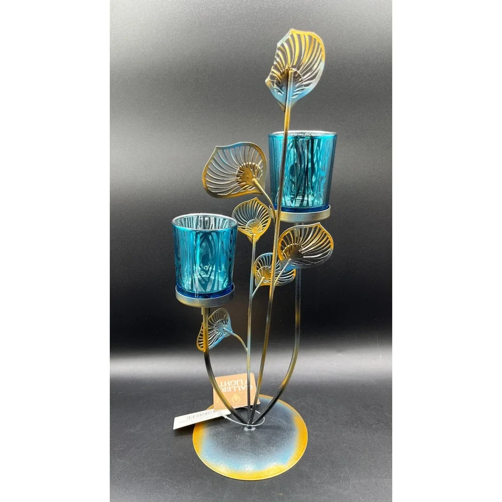 Gallery of Light Peacock Plume Metal Teal Glass Votive Candle Holder 10015949